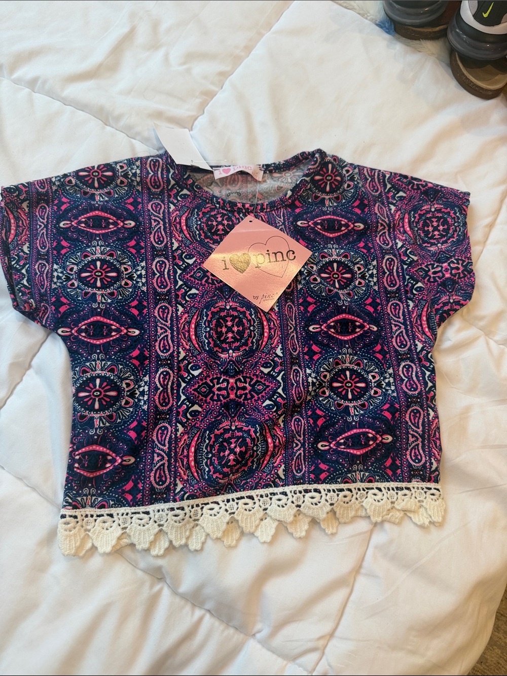 Pinc Pink & Blue Patterned Crochet-Hem Tee